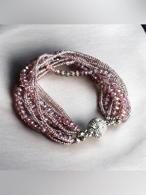 Multi-Strand Violet Faux Crystal Beaded Bracelet Magnetic Pave Rhinestone Clasp